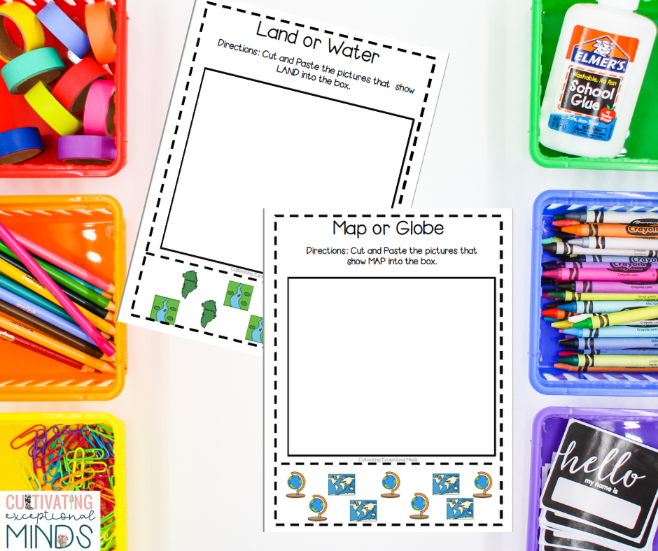 Cut and paste map skills worksheets, social studies for special education. 2 worksheets surrounded by colorful school supplies