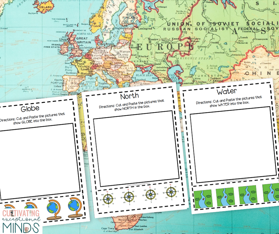 Errorless worksheets for map skills, cut and paste worksheets that say globe, north, and water on map background