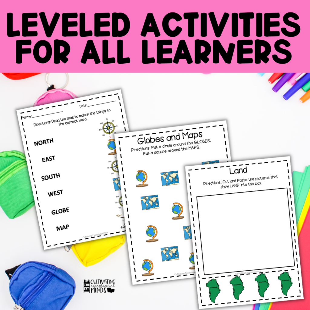 Map Skill Resource Leveled Activities for Al Learners. Pictured 3 worksheets about maps