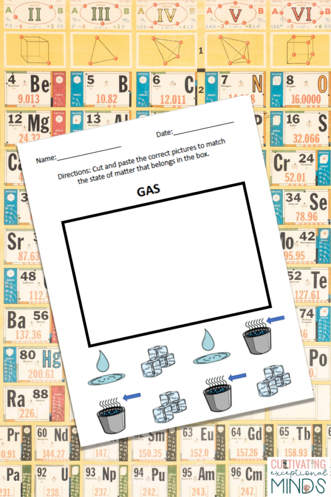 cut and paste states of matter worksheet on periodic table background