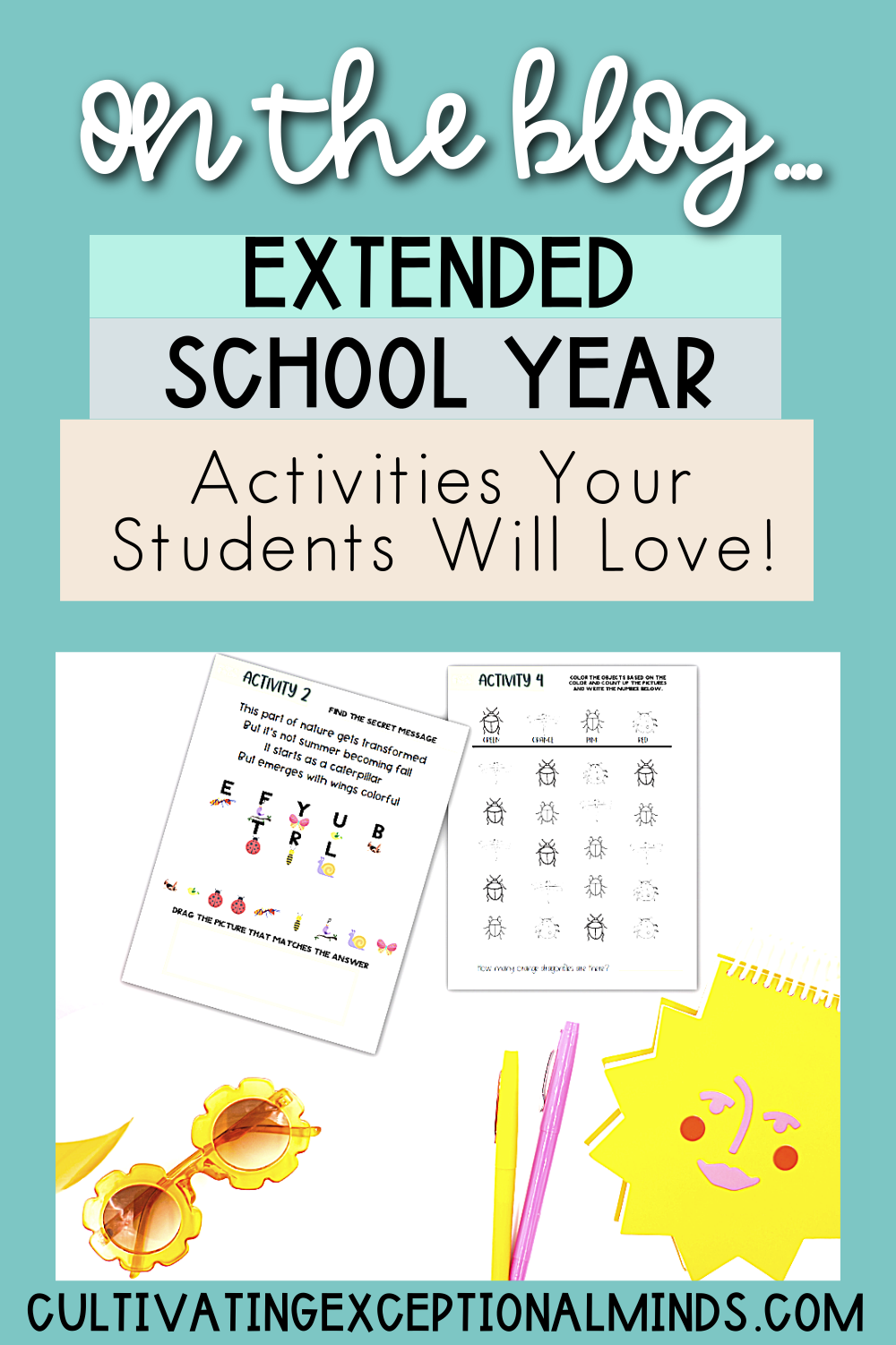 Extended School Year Activities Your Students Will Love Pin with summer themed image of worksheets