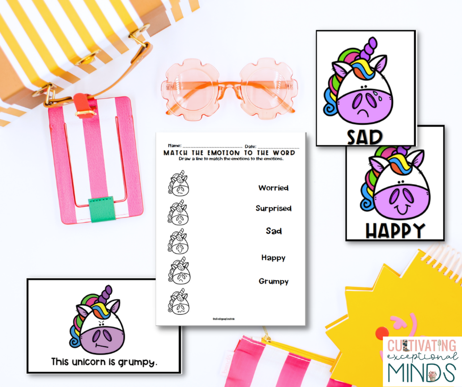 Unicorn themed emotions activities on a summer themed background