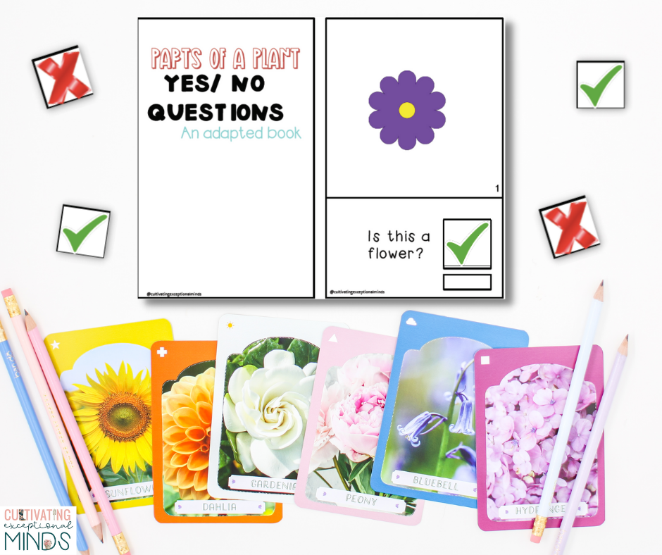 Yes/ No Parts of a Plant Adapted Book pictured with checkmarks, xs, and flower cards