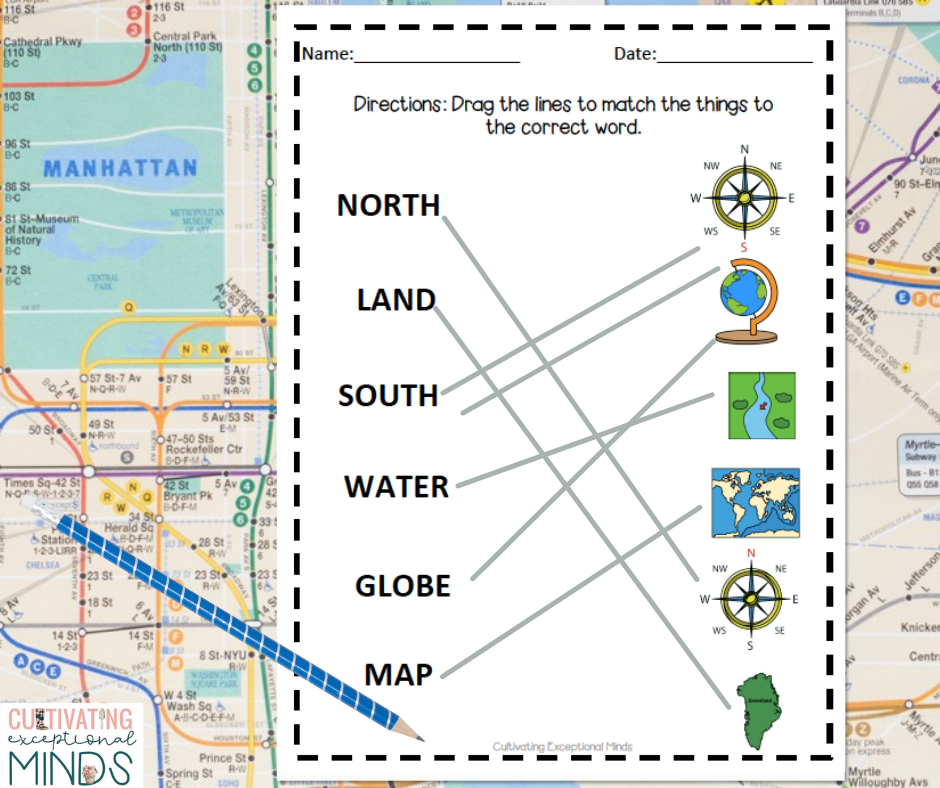 social studies for special education map skills matching worksheet on map background with blue striped pencil 