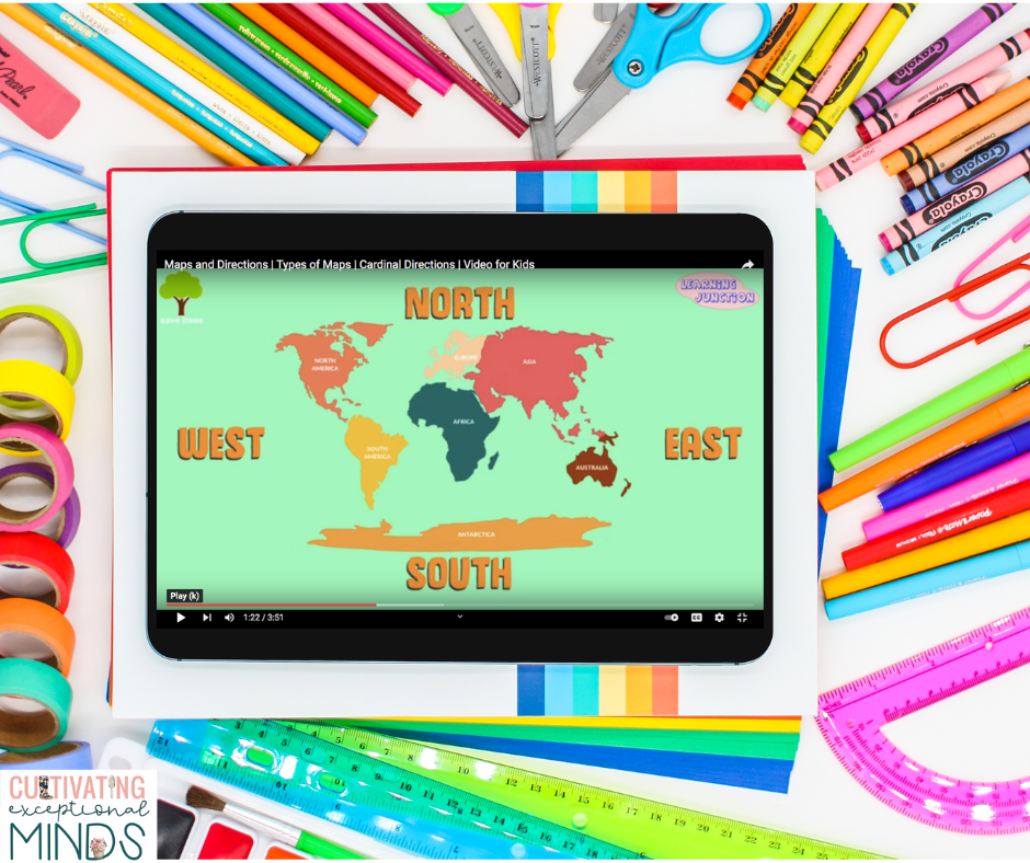 iPad with cardinal direction video screenshot surrounded by colorful school supplies