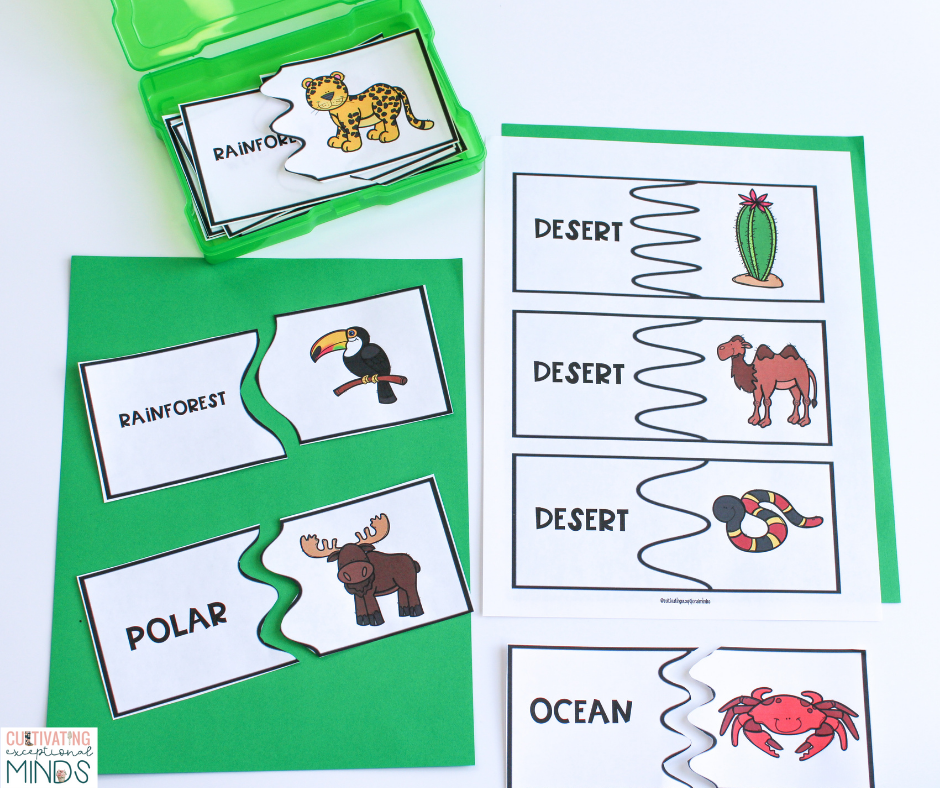 Animal Habitat Puzzles on white and green background with puzzles in a photo box