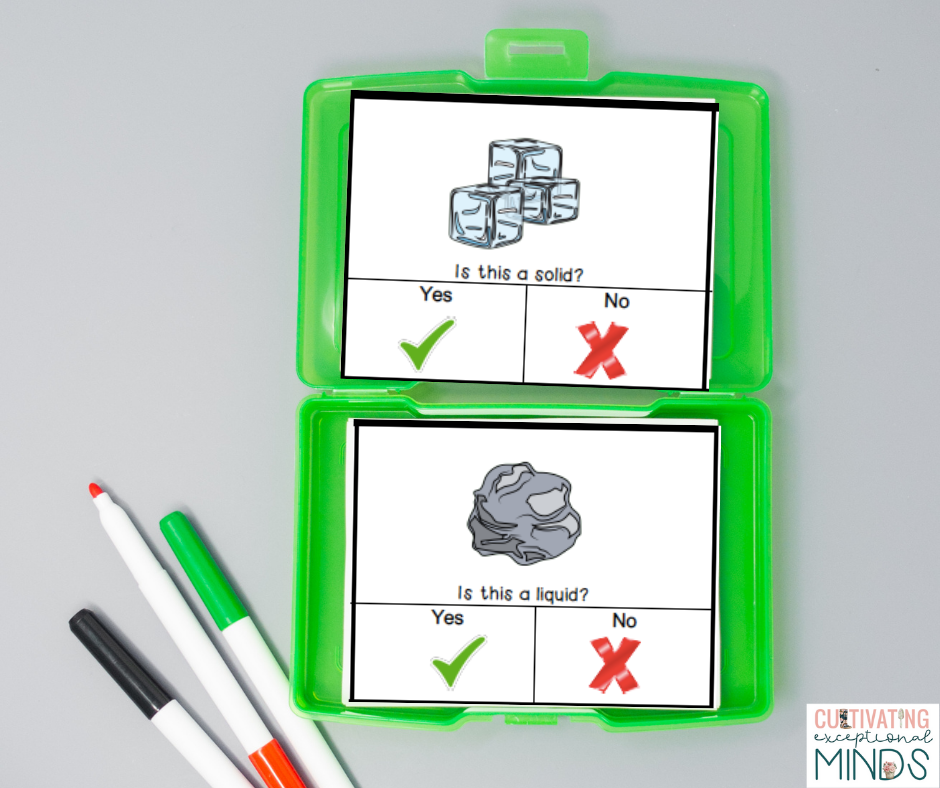 Science curriculum for special education States of matter task cards in a green photo holder. 