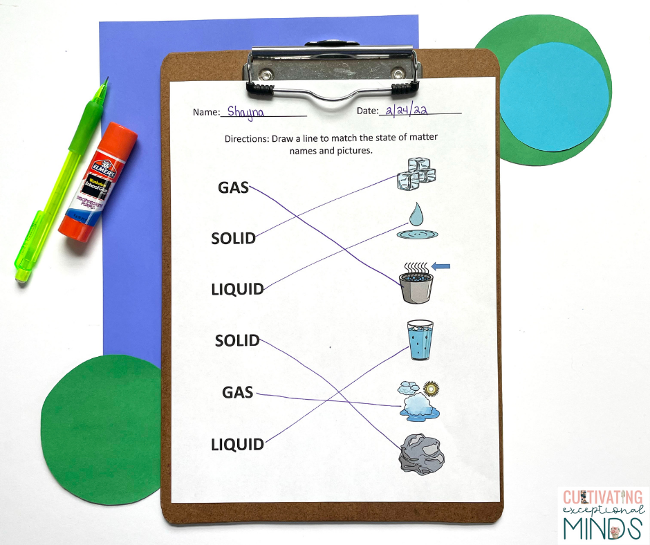 States of matter matching worksheet